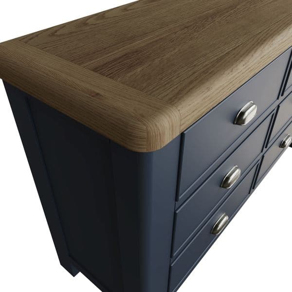 Holmsley Blue dark blue and smoked oak Wide 6 Drawer Chest|Wide chest of drawers with a dark blue and smoked oak finish.